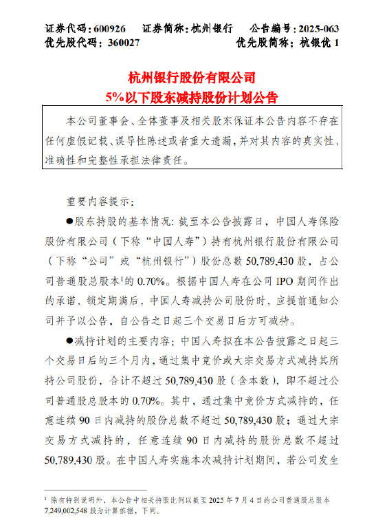 国睿信配 杭州银行：中国人寿拟减持不超0.70%公司股份